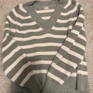 a new day V-Neck Sweater - Grey and White Stripes
